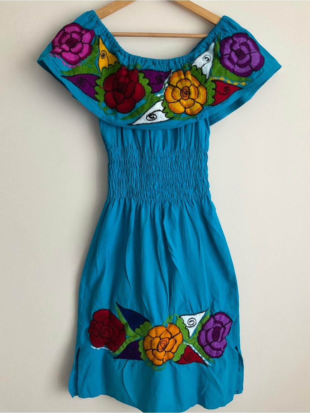 Oaxaca Mexico Sexy Floral Embroidered Turquoise Off Shoulder Dress Party Dance